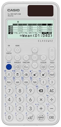 Calculadora científica Casio FX-991SP CW mostrando una hoja de cálculo y funciones en su pantalla