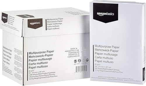 Caja de papel multiusos Amazon Basics, contiene 2500 hojas A4 sin ácido de 80 g/m²