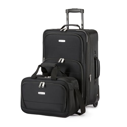 Juego de equipaje negro de 2 piezas de Amazon Basics con maleta y bolsa de mano apiladas