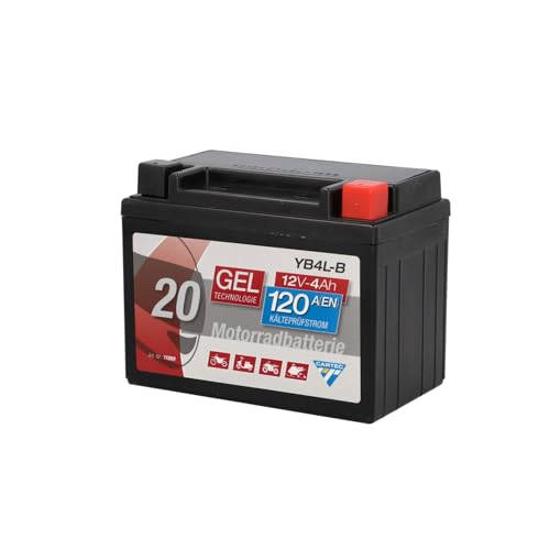 Batería de motocicleta Cartec YB4L-B con tecnología de gel, 12V y 4Ah, vista frontal