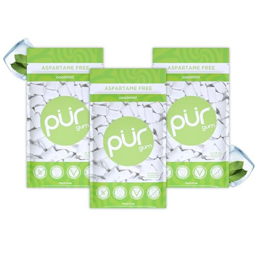 Tres paquetes de chicle PUR Gum Coolmint sin aspartame