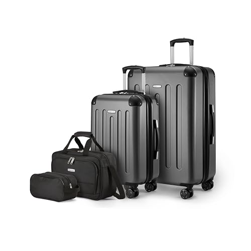 Juego de maletas Amazon Basics de 4 piezas en color negro, incluyendo maleta grande, maleta de mano y dos bolsas de viaje