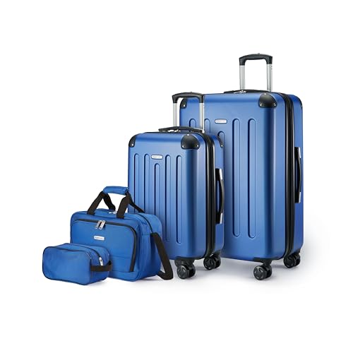 Juego de equipaje de mano rígido en color azul marino que incluye maletas de diferentes tamaños y una bolsa de mano