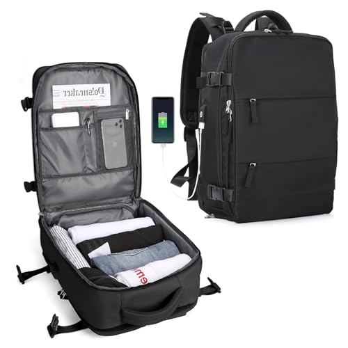 Mochila SZLX negra abierta mostrando compartimentos organizados y ropa doblada dentro