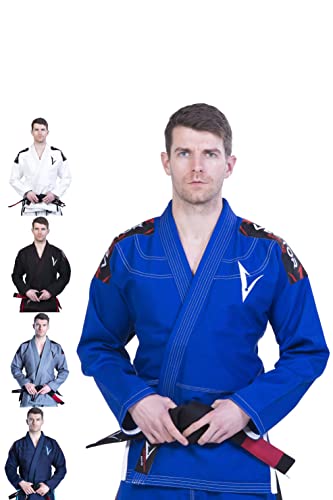 Atleta masculino vistiendo un kimono BJJ de la marca Vector Sports, posando con un cinturón negro