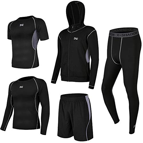 Conjunto de 5 piezas de ropa deportiva para hombre en color negro, incluye camiseta, pantalones cortos, pantalón de compresión y chaqueta con capucha