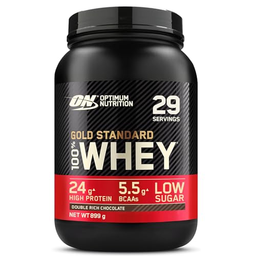 Envase de Gold Standard 100% Whey de Optimum Nutrition con 24 g de proteína y bajo en azúcares, sabor chocolate doble rico