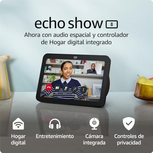 Echo Show 8 mostrando videollamadas, hogar digital y controles de privacidad