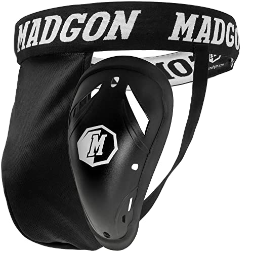 Protector genital MADGON en color negro con cinta elástica blanca