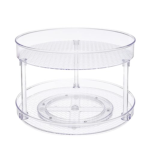 Vista superior del organizador de 2 bandejas giratorias transparente, ideal para organizar especias y condimentos.