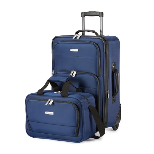 Juego de maletas azules marino de Amazon Basics que incluye una maleta de mano y una bolsa de viaje apiladas