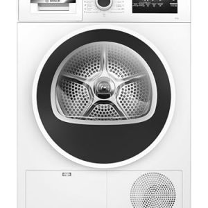 Secadora Bosch con bomba de calor vista frontal mostrando diseño moderno y capacidad de 8 kg