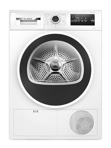 Secadora Bosch con bomba de calor vista frontal mostrando diseño moderno y capacidad de 8 kg