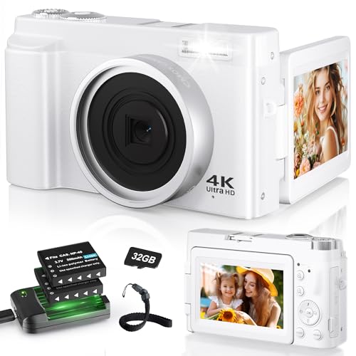 Cámara digital 4K blanca con pantalla abatible, estación de carga y tarjeta de memoria de 32 GB