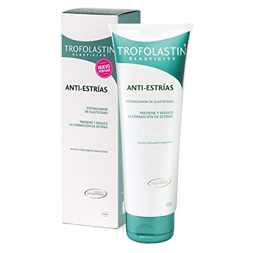 Crema antiestrías Trofolastin en su envase promocional, diseñado para prevenir y reducir la formación de estrías