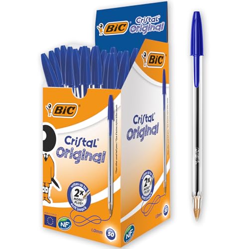 Caja de 50 bolígrafos BIC Cristal Original con tinta azul y diseño atractivo