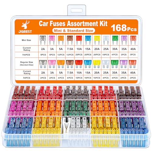 Kit de 168 piezas de fusibles de coche mini y estándar de Jorest, incluyendo fusibles de diferentes amperajes.