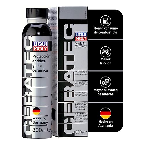 Envase de 300 ml de Cera Tec de Liqui Moly con caja de presentación, destaca sus beneficios como menor consumo de combustible y menor fricción