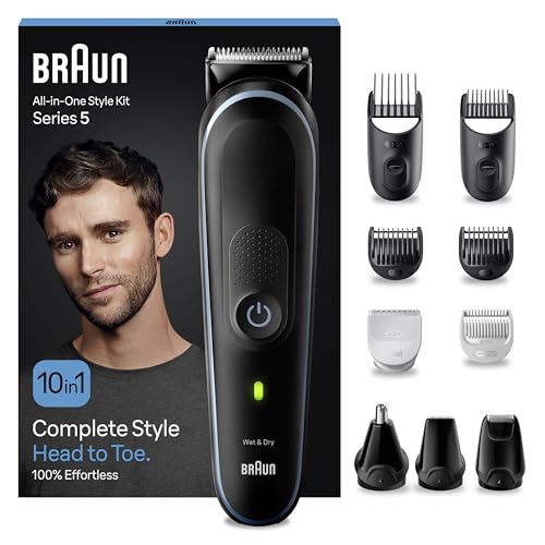 Embalaje de la recortadora Braun Series 5 mostrando sus diversos accesorios y funcionalidades todo en uno