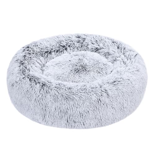 Cama donut para mascotas de pelaje suave en color gris, perfecta para perros pequeños y medianos