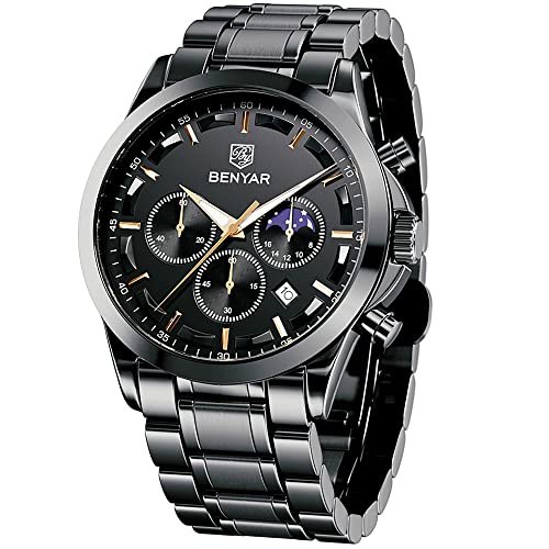 Reloj analógico BENYAR para hombre con correas de acero negro y esfera con cronógrafo