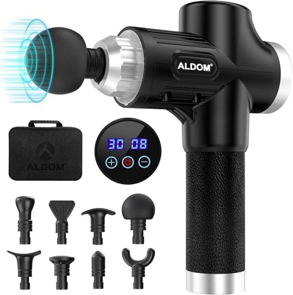 ALDOM pistola de masaje muscular ligera y ergonómica, incluye 8 cabezales de masaje y pantalla LCD para ajustar la duración y la intensidad.