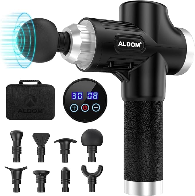 ALDOM pistola de masaje muscular ligera y ergonómica, incluye 8 cabezales de masaje y pantalla LCD para ajustar la duración y la intensidad.