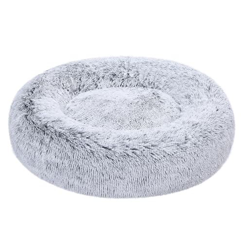 Cama donut para mascotas color gris, con diseño de pelaje suave