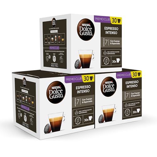 Pack de 3 cajas de cápsulas NESCAFÉ Dolce Gusto Espresso Intenso, cada una con 30 cápsulas, destacando la intensidad del café.