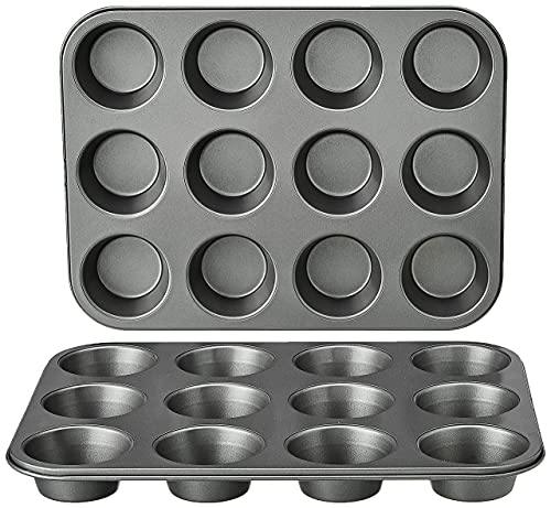 Juego de dos bandejas para hornear magdalenas, con 12 cavidades cada una, de acero al carbono en color gris