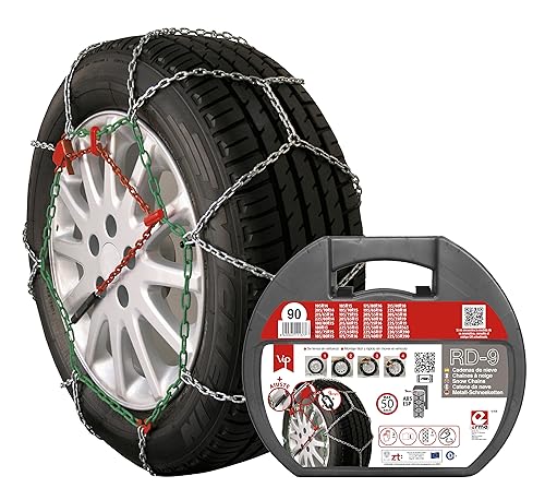 Cadena de nieve RD-9 instalada en llanta de neumático, mostrando su diseño y ajuste