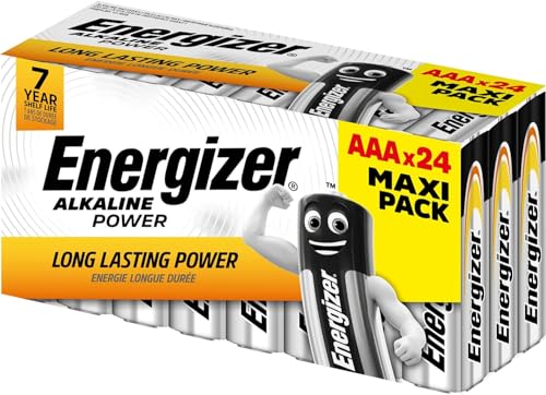 Empaque del pack de 24 pilas AAA Energizer Alkaline Power destacando su larga duración y vida útil