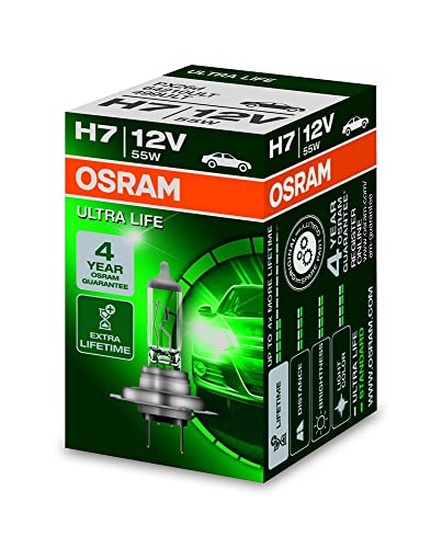 Box of OSRAM Ultra Life H7 halogen bulb with 4-year guarantee and information about its features.