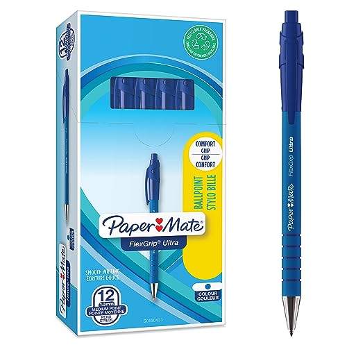 Paquete de 12 bolígrafos Paper Mate FlexGrip Ultra de color azul, con diseño atractivo y fácil de usar.