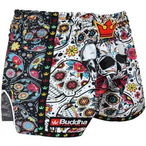 Pantalones de Muay Thai Buddha Retro Premium con diseño de calaveras y flores, vista frontal