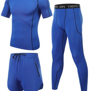 Conjunto de compresión para hombre en azul que incluye camiseta, pantalón corto y mallas, ideal para deportes y entrenamiento en gimnasio