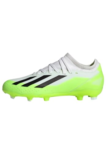 Botas de fútbol adidas X Crazyfast.3 en color blanco y verde fosforescente vistas desde el lado derecho