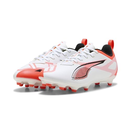 Botas de fútbol PUMA Ultra 5 Play FG/AG Jr en color blanco y rojo vista frontal