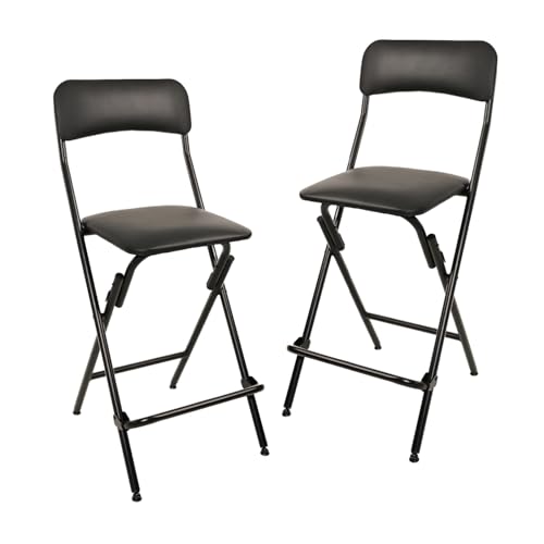 Conjunto de 2 taburetes plegables con respaldo en color negro, ideales para bar, cocina o uso en exteriores.