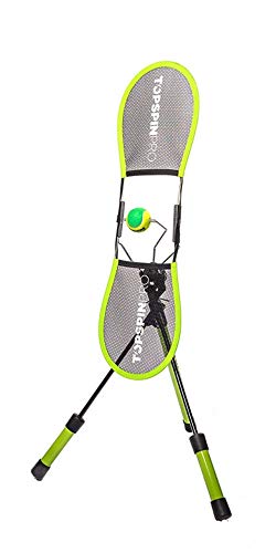 Entrenador de tenis TopspinPro en vista frontal con pelota de entrenamiento visible