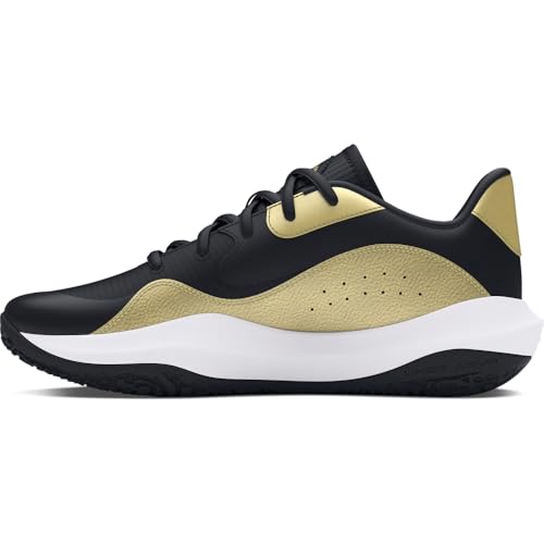 Zapatillas de baloncesto Unisex Adulto Under Armour UA Lockdown 7 Low en color negro y dorado, vista lateral izquierda