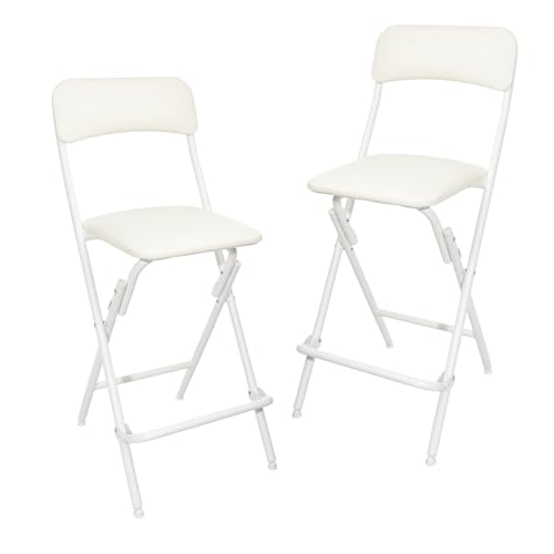 Conjunto de dos taburetes plegables color blanco con respaldo y asiento acolchado, ideales para uso en barra.
