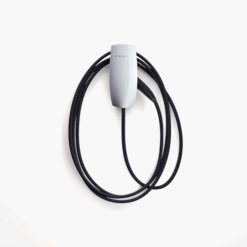 Cargador Tesla Wall Connector montado con cable enrollado, perfecto para carga de vehículos eléctricos.