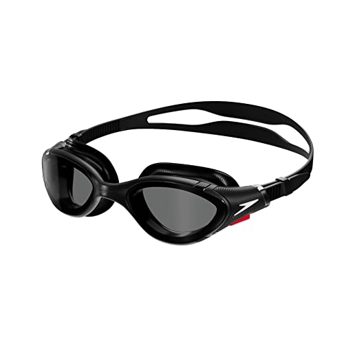 Gafas de natación Speedo Biofuse 2.0 en color negro, vista frontal, con lentes oscurecidos y tira ajustable.