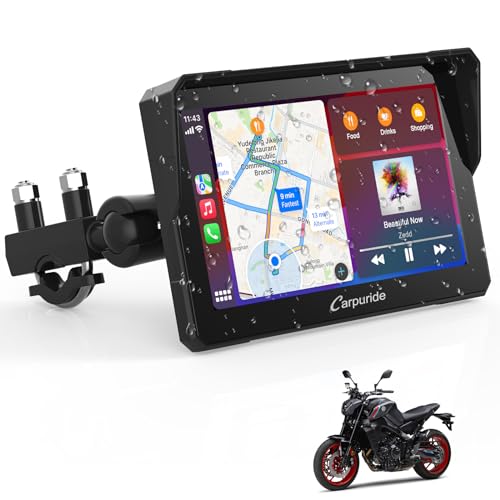 Pantalla GPS Carplay Carpuride montada en motocicleta mostrando mapas y funciones de navegación