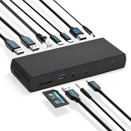 Estación de acoplamiento con múltiples cables conectados, listos para su uso, incluyendo USB, HDMI y RJ45.