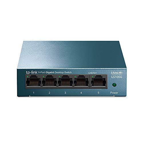 Vista frontal del switch TP-Link LS105G de 5 puertos Gigabit, mostrando puertos Ethernet y el botón de encendido