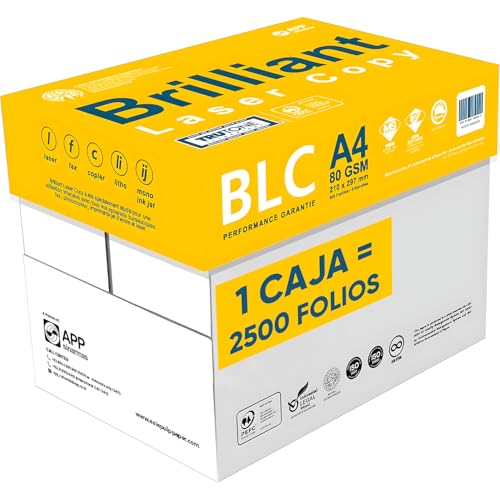 Caja de papel Brilliant Laser Copy A4 de 80 GSM que contiene 2500 folios para impresoras y fotocopiadoras