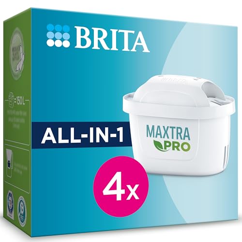 Caja del cartucho de filtro BRITA MAXTRA PRO All-in-1 que incluye cuatro filtros para agua, destacando la capacidad de filtrado de 150 litros.