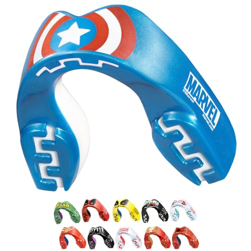 Protector bucal Marvel Capitán América diseñado para deportes de contacto, en color azul con diseño característico del escudo del Capitán América.